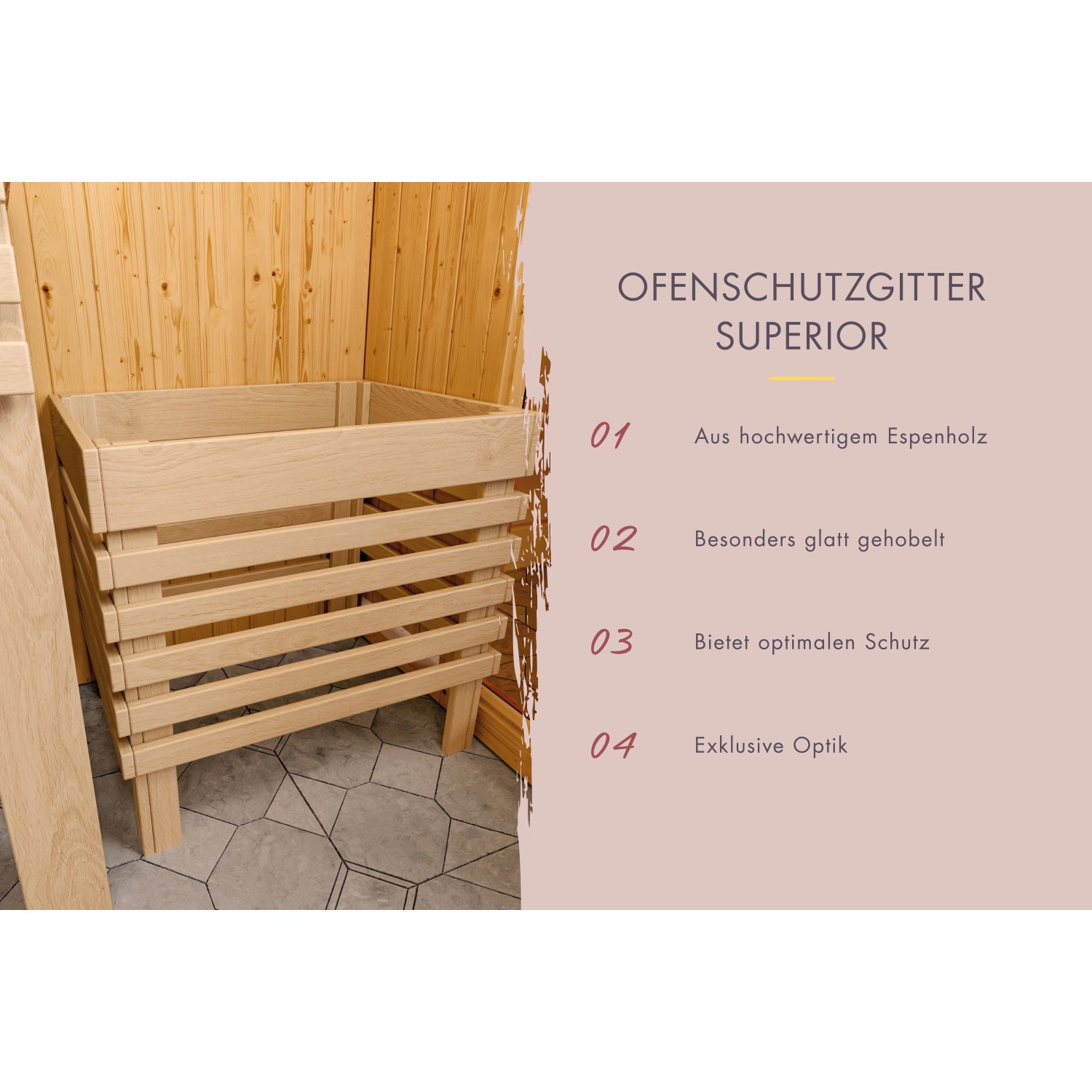 Karibu Sauna Ofenschutzgitter Superior aus hellem Holz für Saunaofen.