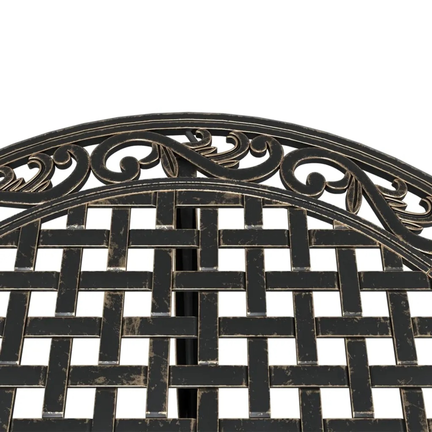 Detailansicht des Bistro-Sets: Bronzefarbener Gartentisch mit filigranem Muster aus Aluminiumguss.