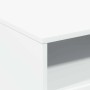 Detailansicht eines weißen Couchtisches aus Holzwerkstoff, glatte Oberfläche, mit offenem Ablagefach.