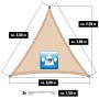 Skizze: Beiges, dreieckiges AMANKA Sonnensegel (3x3x3m) mit Maßangaben und 3 Seilen.
