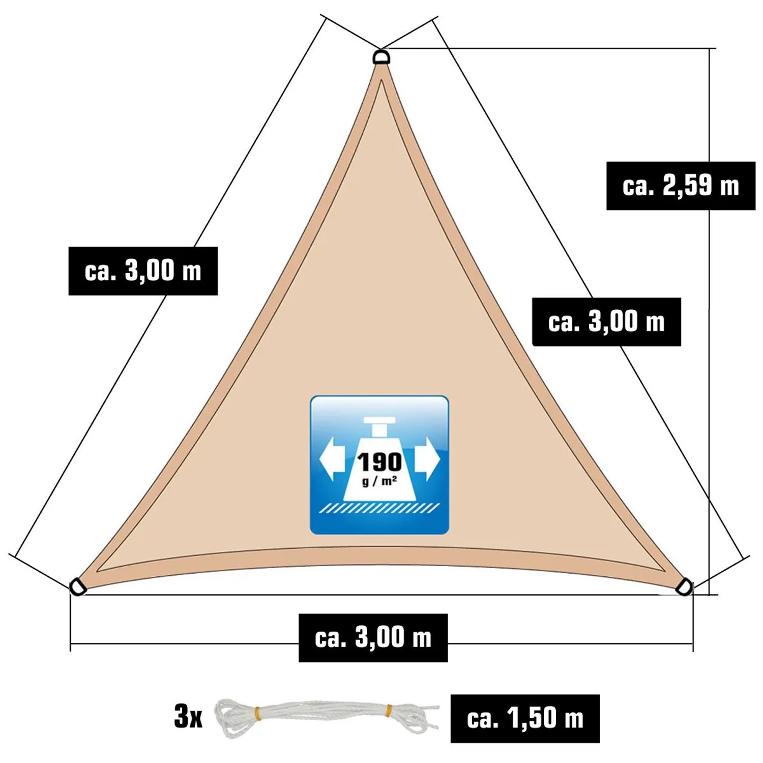 Skizze: Beiges, dreieckiges AMANKA Sonnensegel (3x3x3m) mit Maßangaben und 3 Seilen.
