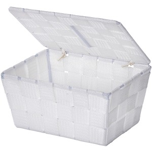 Weißer Wenko Badkorb Adria mit Deckel, aus PP-Geflecht, stapelbar.