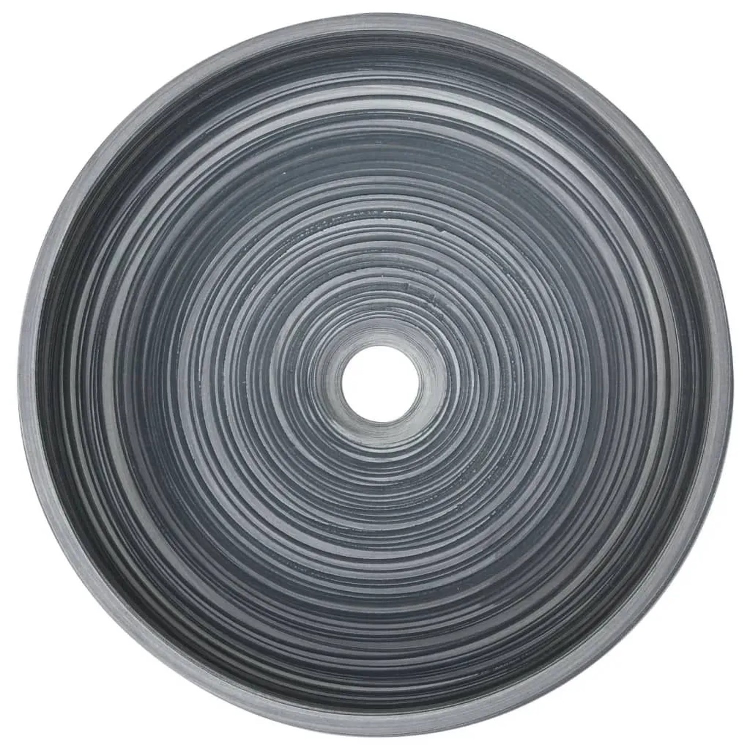 Graues rundes Keramik Aufsatzwaschbecken mit handgefertigtem Spiralmuster und Abflussloch.