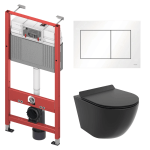 KOLMAN WC-Komplettset: rotes Vorwandelement, schwarzes Wand-WC mit Sitz, weiße Betätigungsplatte. Für moderne Toiletten.