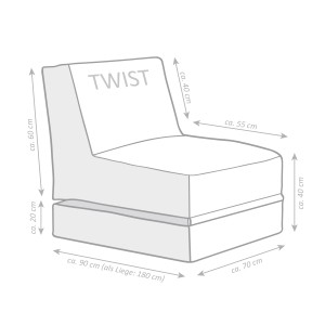 Grauer Sitting Point Sitzsack Twist Scuba (300 l) mit Maßangaben.
