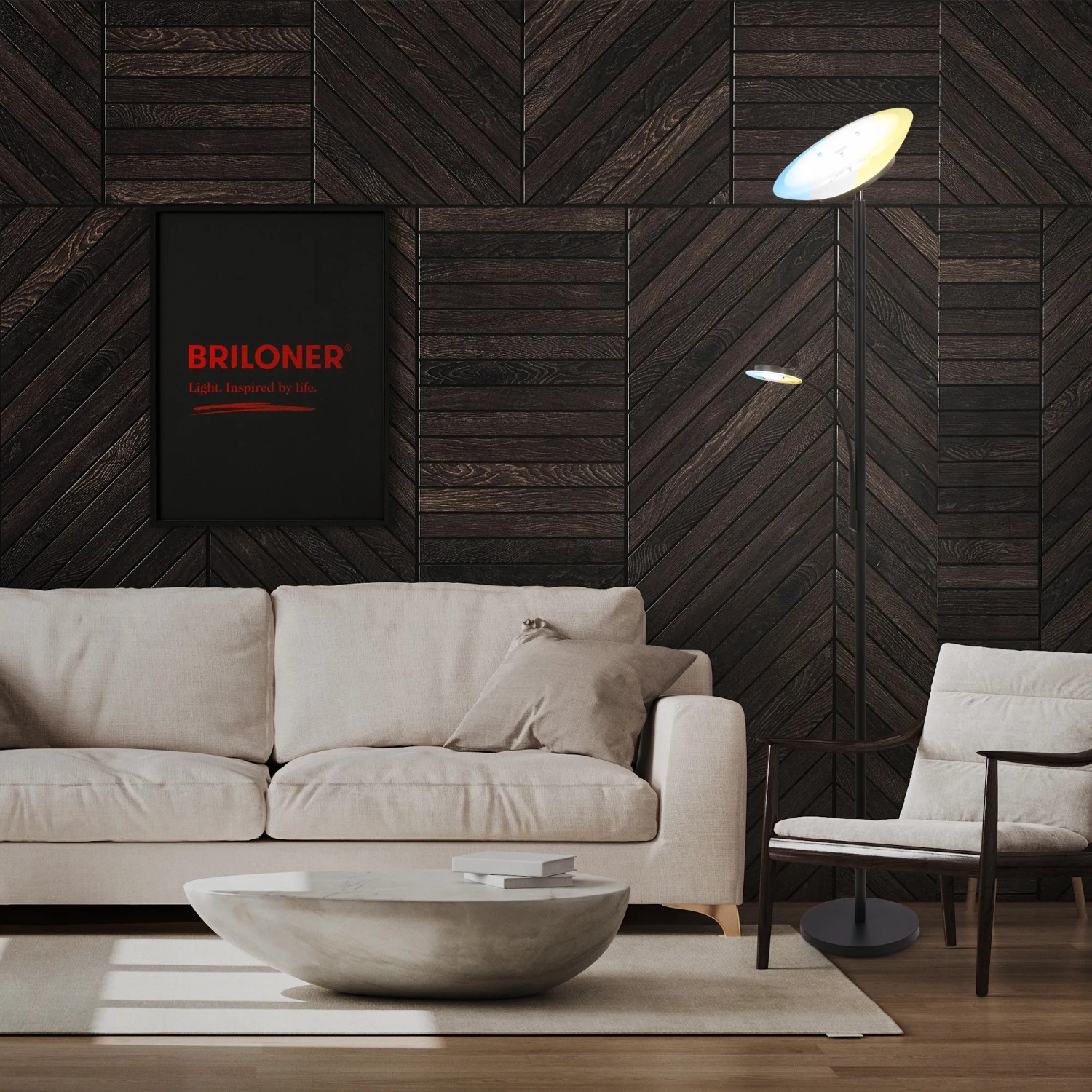 Dimmbare Brilo Stehleuchte Plava in Anthrazit mit schwenkbaren Leuchten in Wohnraum.