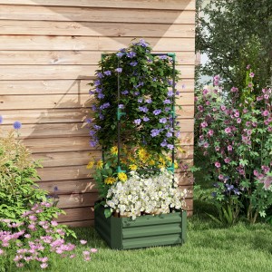 Outsunny Garten-Bett mit Tomatenkäfig, Stahl verzinkt, bepflanzt mit Blumen.