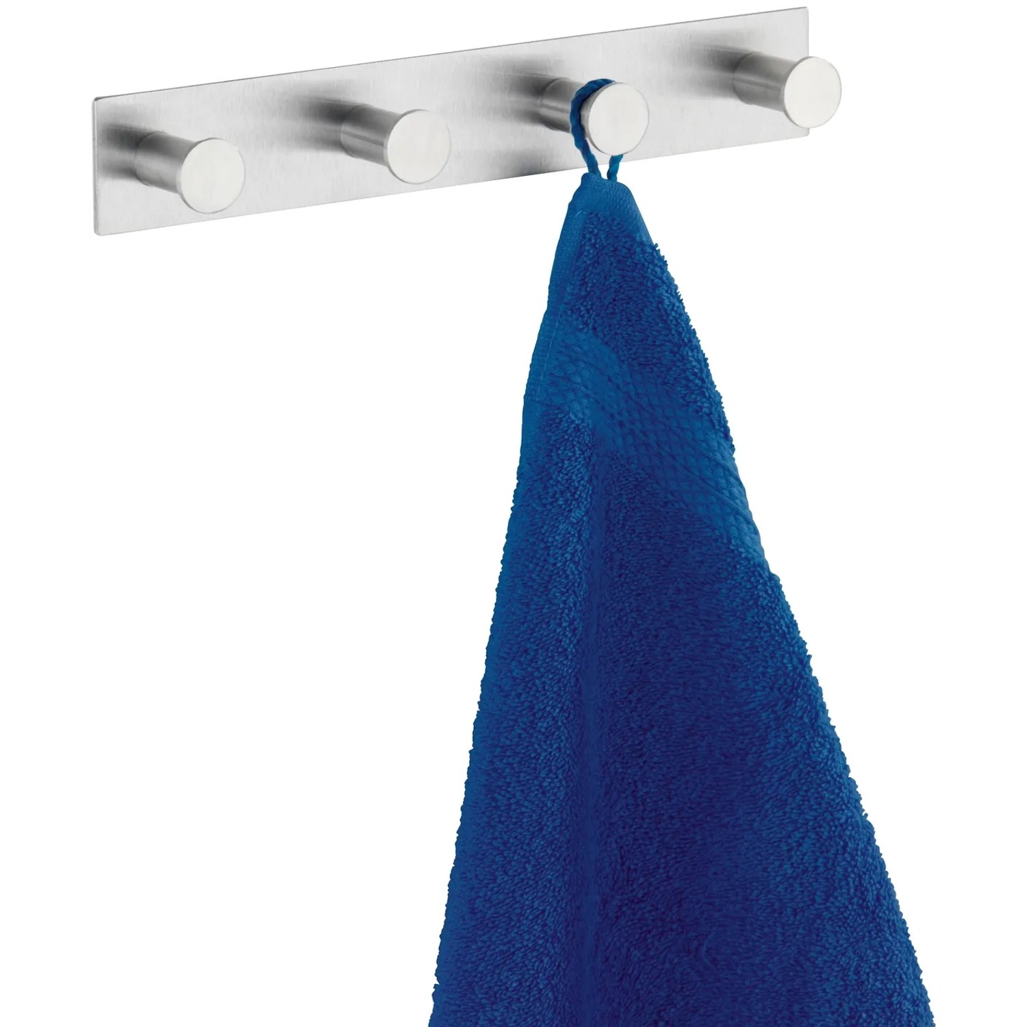 Wenko Celano Quadro Hakenleiste mit 4 Haken aus Edelstahl rostfrei, mit blauem Handtuch.