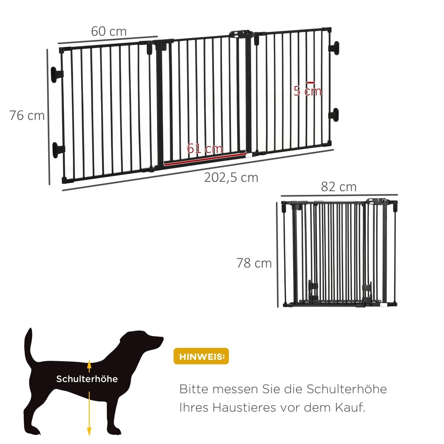 PawHut Hunde Absperrgitter, schwarz, mit Maßen 202,5x76 cm. Zeigt automatisch schließende Tür und Hinweis zur Schulterhöhe des Tieres.