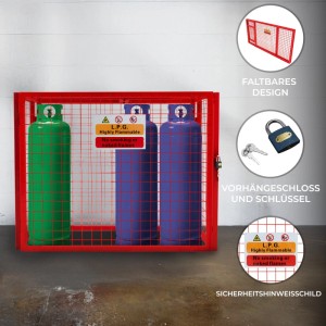 Zusammenklappbarer Gasflaschenschrank rot mit 3 Gasflaschen und Warnschild zur Aufbewahrung.