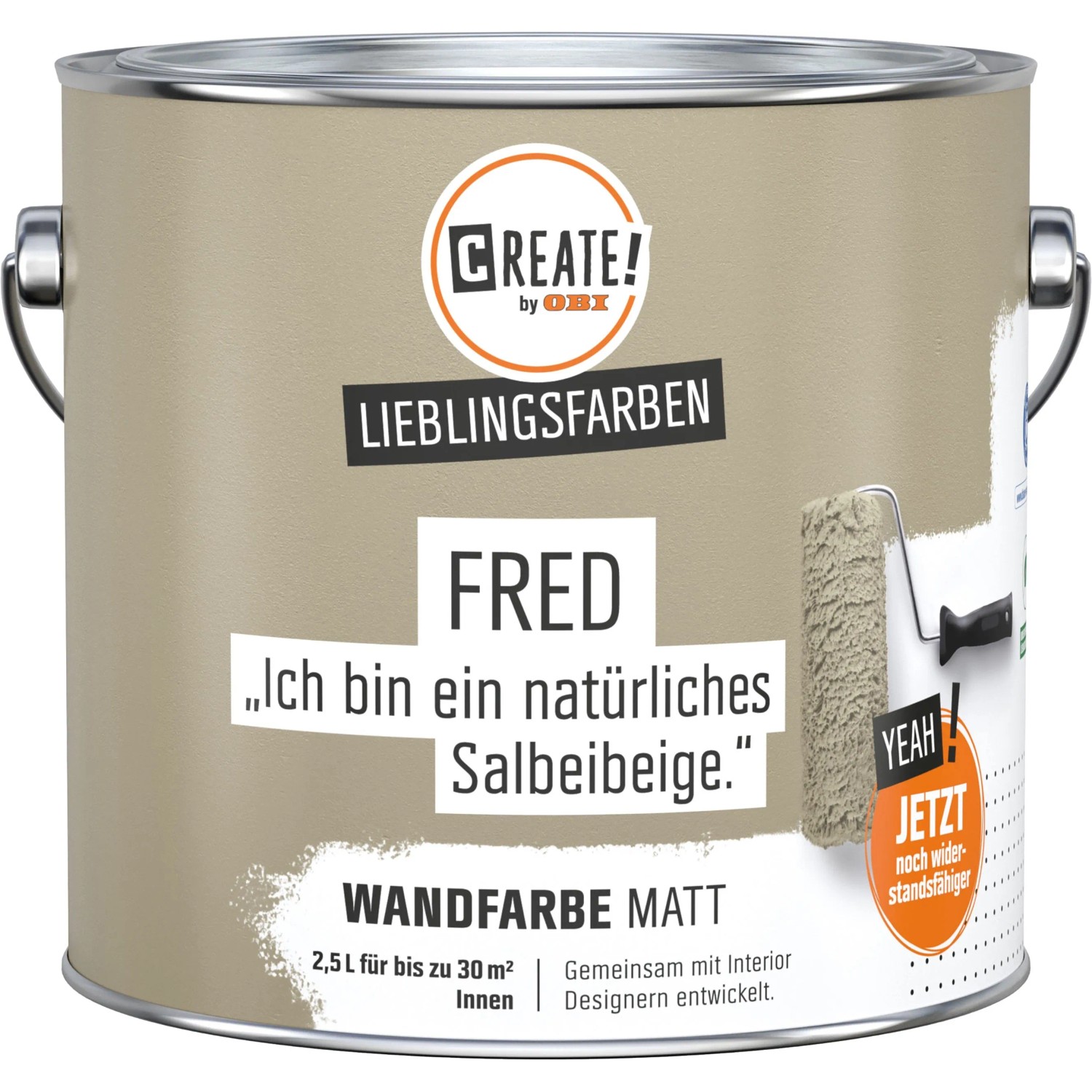Dose CREATE! by OBI Wandfarbe Lieblingsfarbe Fred Salbeibeige, matte bunte Wandfarbe.