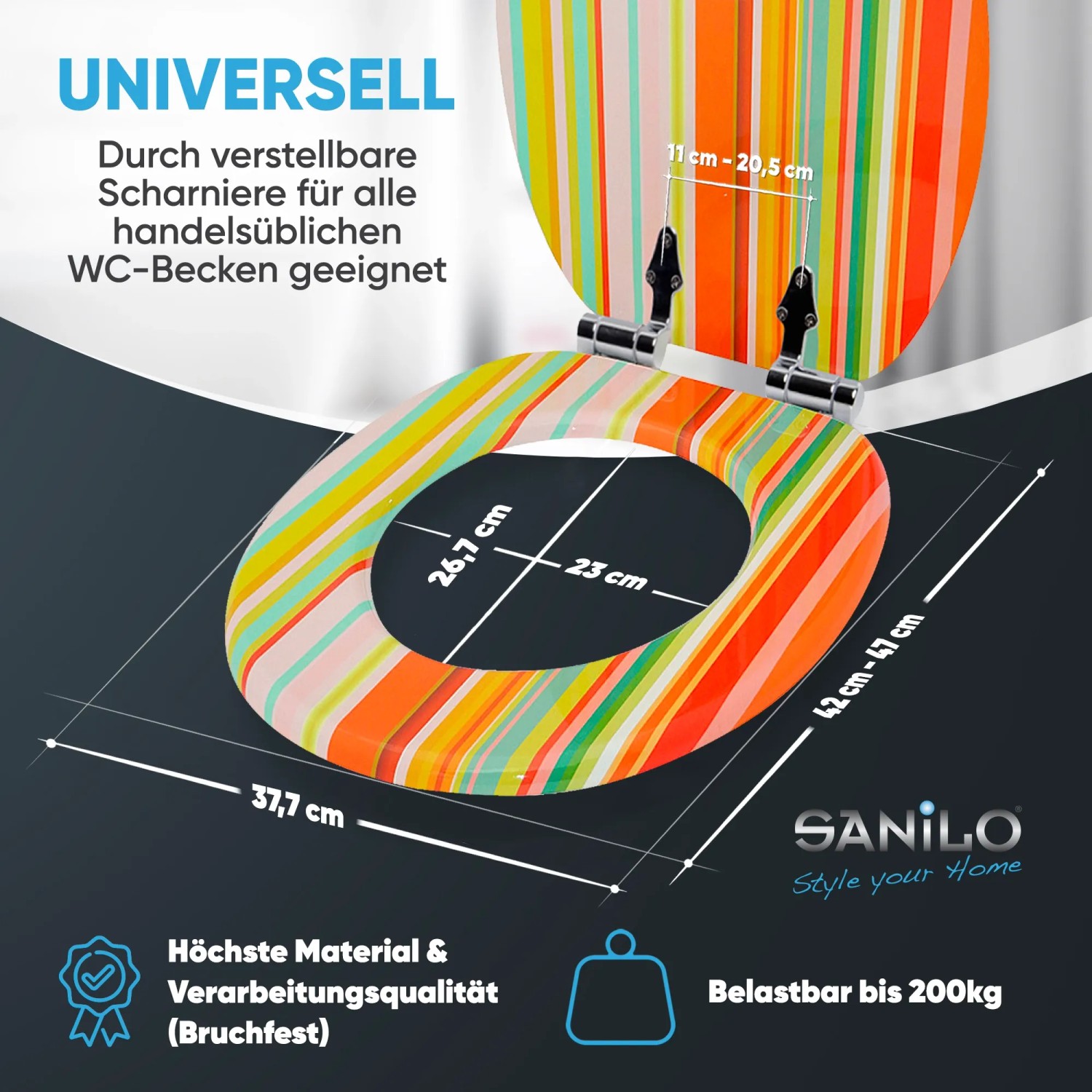 Sanilo WC-Sitz Starstripes mit Absenkautomatik, Holz, bunt gestreift.