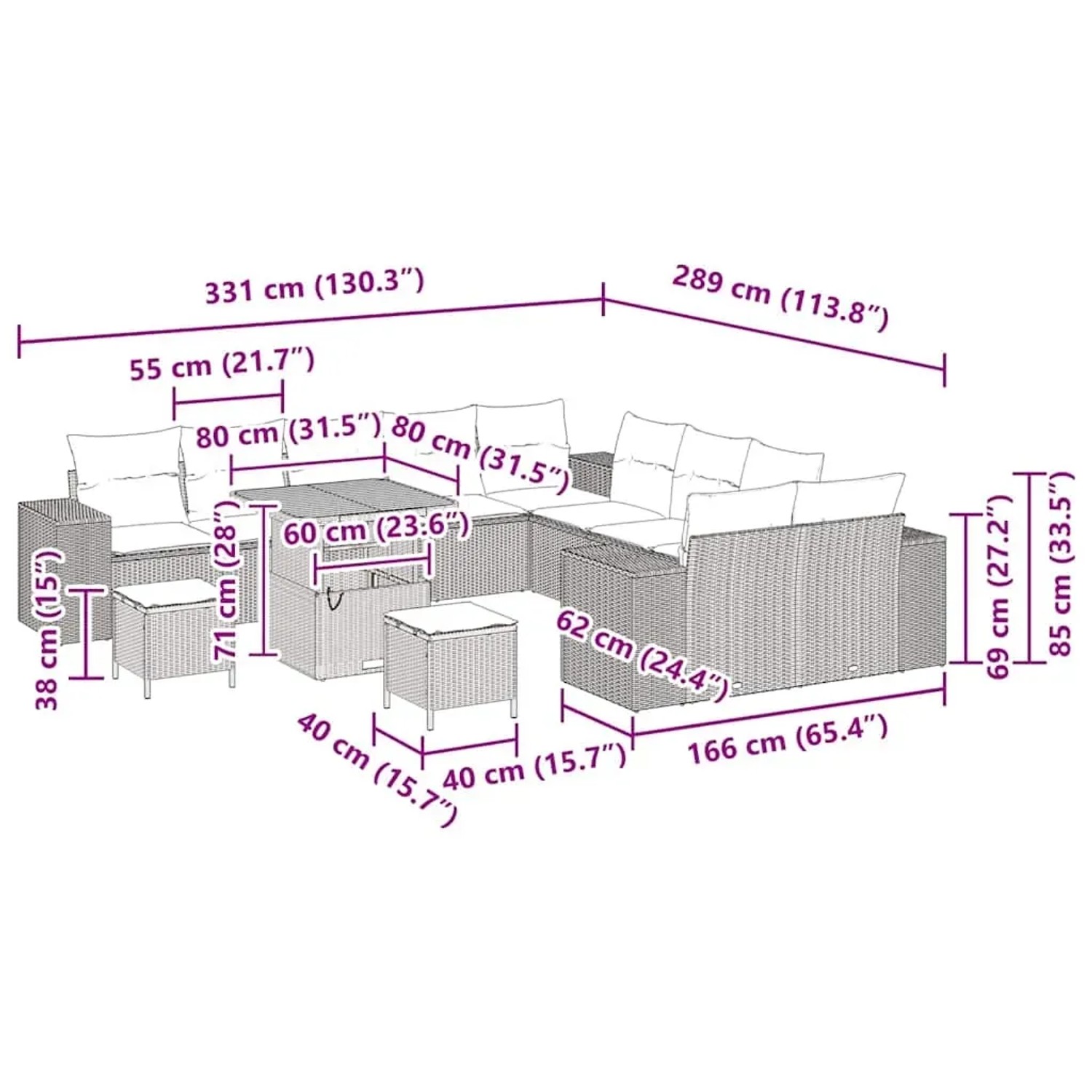 vidaXL Gartenmöbel-Set, 13-teilig, schwarz, Poly Rattan, mit Maßen für Planung.