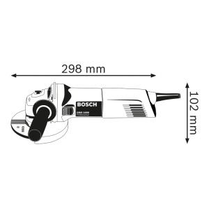 Technische Zeichnung des Bosch Professional Winkelschleifers GWS 1400 mit 298 mm Länge und 102 mm Höhe.