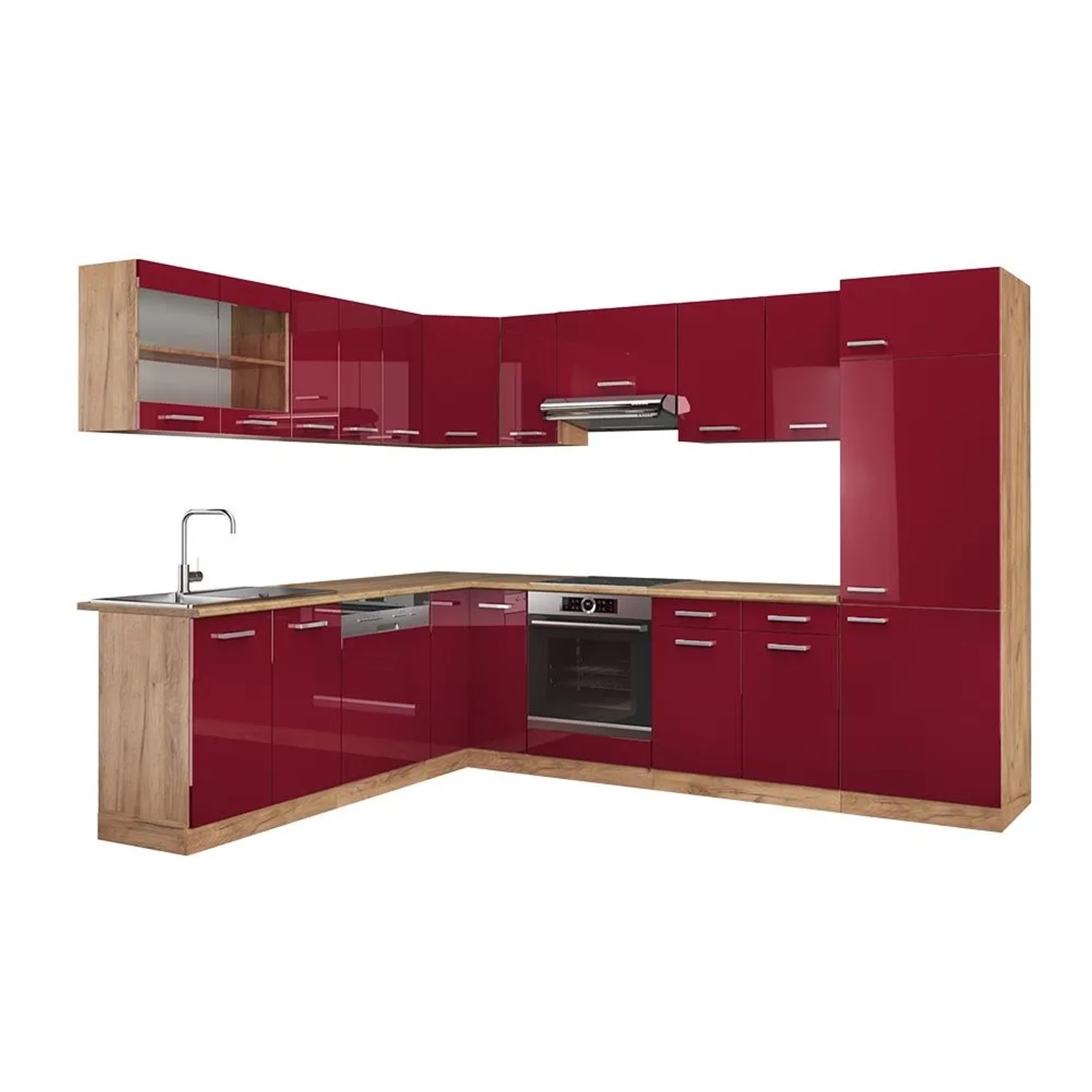 Vicco Eckküche R-Line Rot Hochglanz/Goldkraft Eiche 287 x 82 ohne Arbeitsplatte