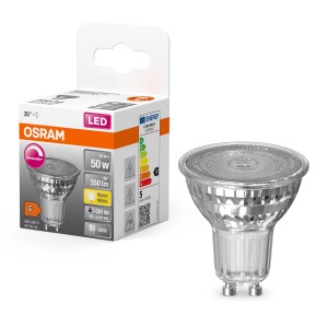 Osram GU10 LED-Lampe, 4,5W, warmweiß, 350lm. Dimmbares Leuchtmittel für Wohnräume.