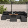 Schwarzes 9-teiliges Garten-Sofa Set aus Poly Rattan mit Tisch und Kissen.