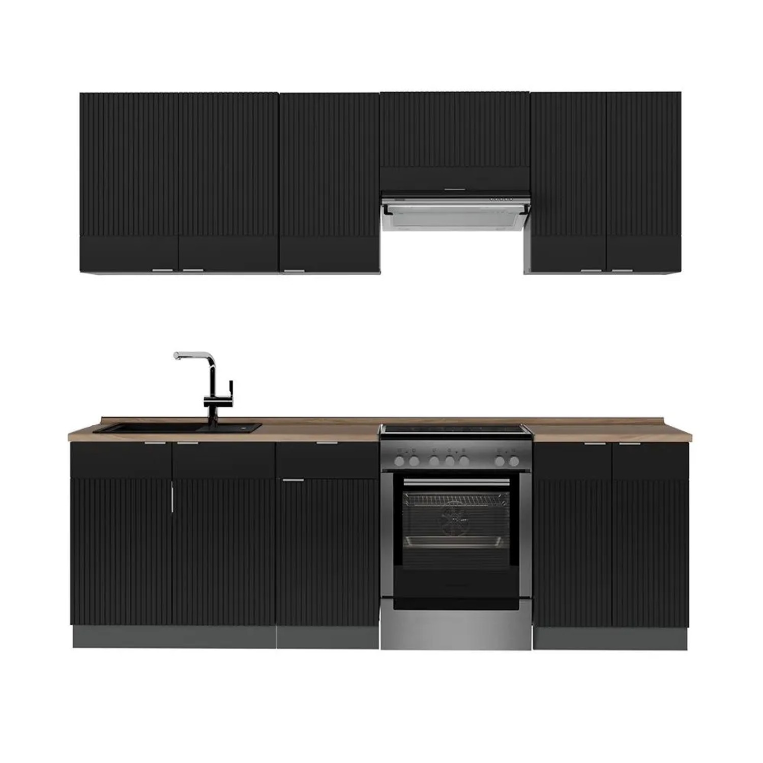 Vicco Fame-Line Küchenzeile Schwarz Gestreift Anthrazit 240 cm AP Eiche ohne E-Geräte