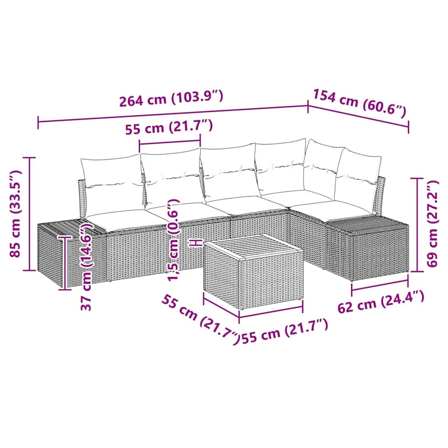Beige-hellgraues 6-tlg. Garten-Sofa-Set von vidaXL mit Tisch und Maßen.