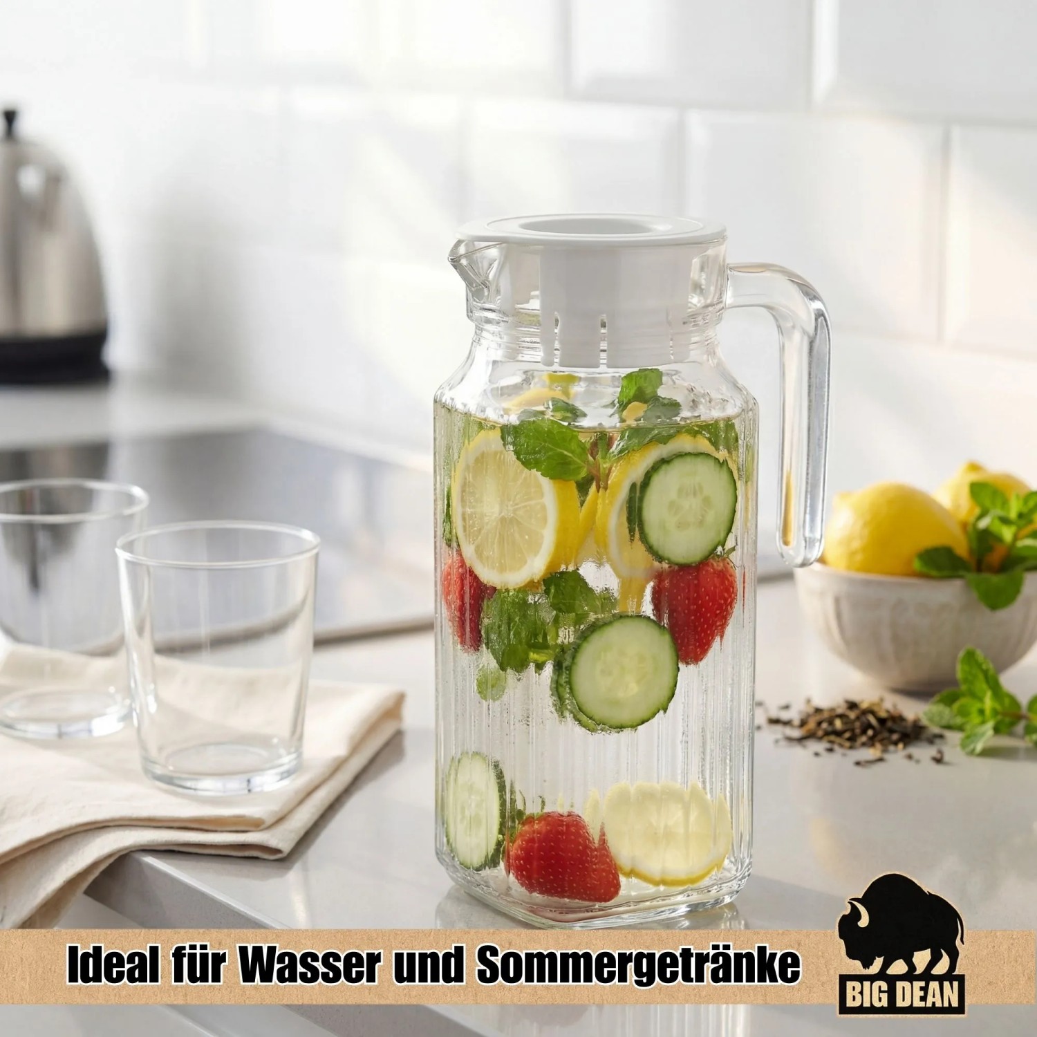 BigDean 2 Stück Kühlschrankkrug 1,1 Liter Glas Wasserkrug mit Deckel Ergonomischer Griff_6