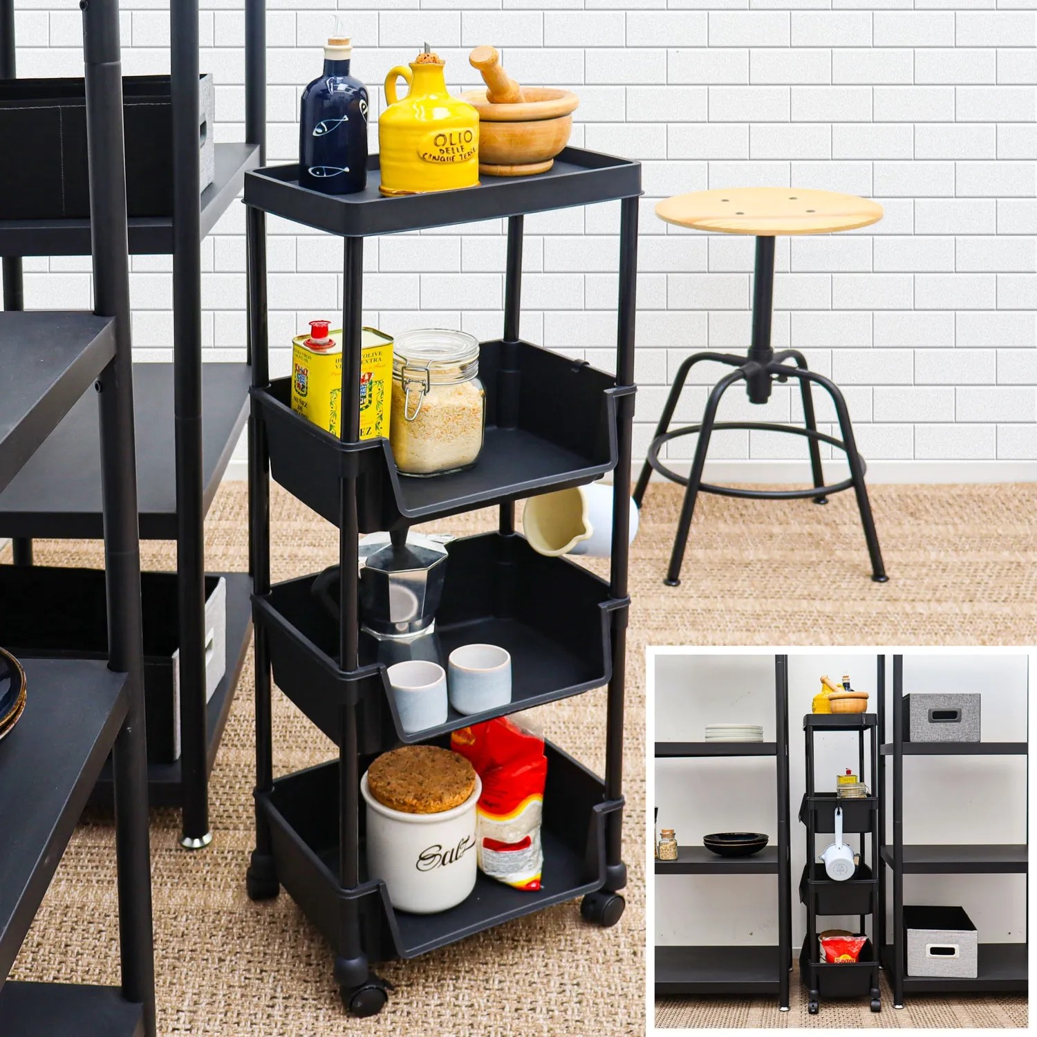 Schwarzer MAKLIK Küchenrollwagen (2er Set) mit 4 Ebenen und Körben, ideal für Küche und Bad.