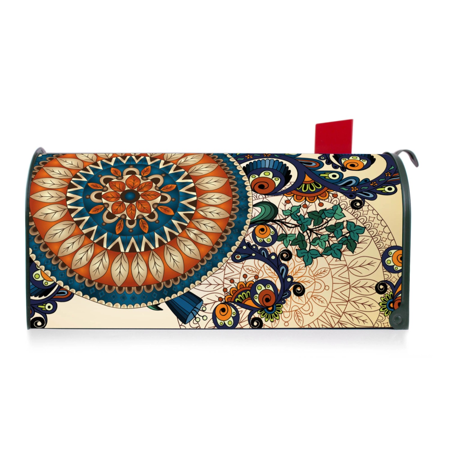 Grüner US Briefkasten mit Mandala Motiv. Stahl, pulverbeschichtet, 48x22x16cm.