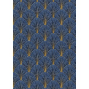 Blaue Erismann Vliestapete mit goldenem Art Deco Fächer-Muster der Kollektion Elle Decoration 4 Avantgarde.