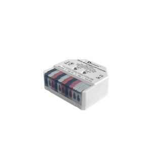 Kompakter GLEDOPTO ESP32 WLED Unterputzaktor für LED-Stripes. Weißes Gehäuse mit farbigen Anschlüssen, 3-Kanal RGB Steuerung.