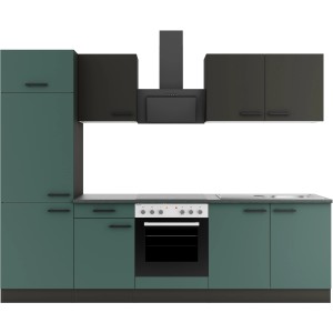 Optifit Küchenzeile in Anthrazit/Steingrün mit E-Geräten, 270 cm breit.