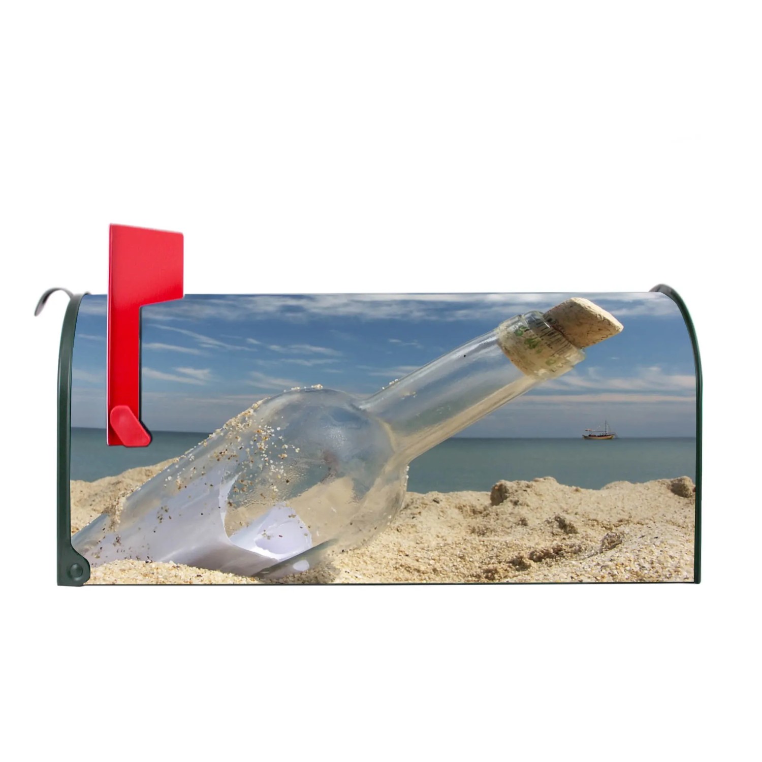 Grüner Banjado Briefkasten mit Flaschenpost-Motiv, US Mailbox mit roter Fahne.