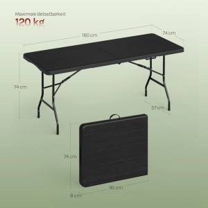 WOLTU Klapptisch Gartentisch schwarz, klappbar, 180x74 cm, HDPE, 120 kg Belastbarkeit. Ideal für Outdoor.