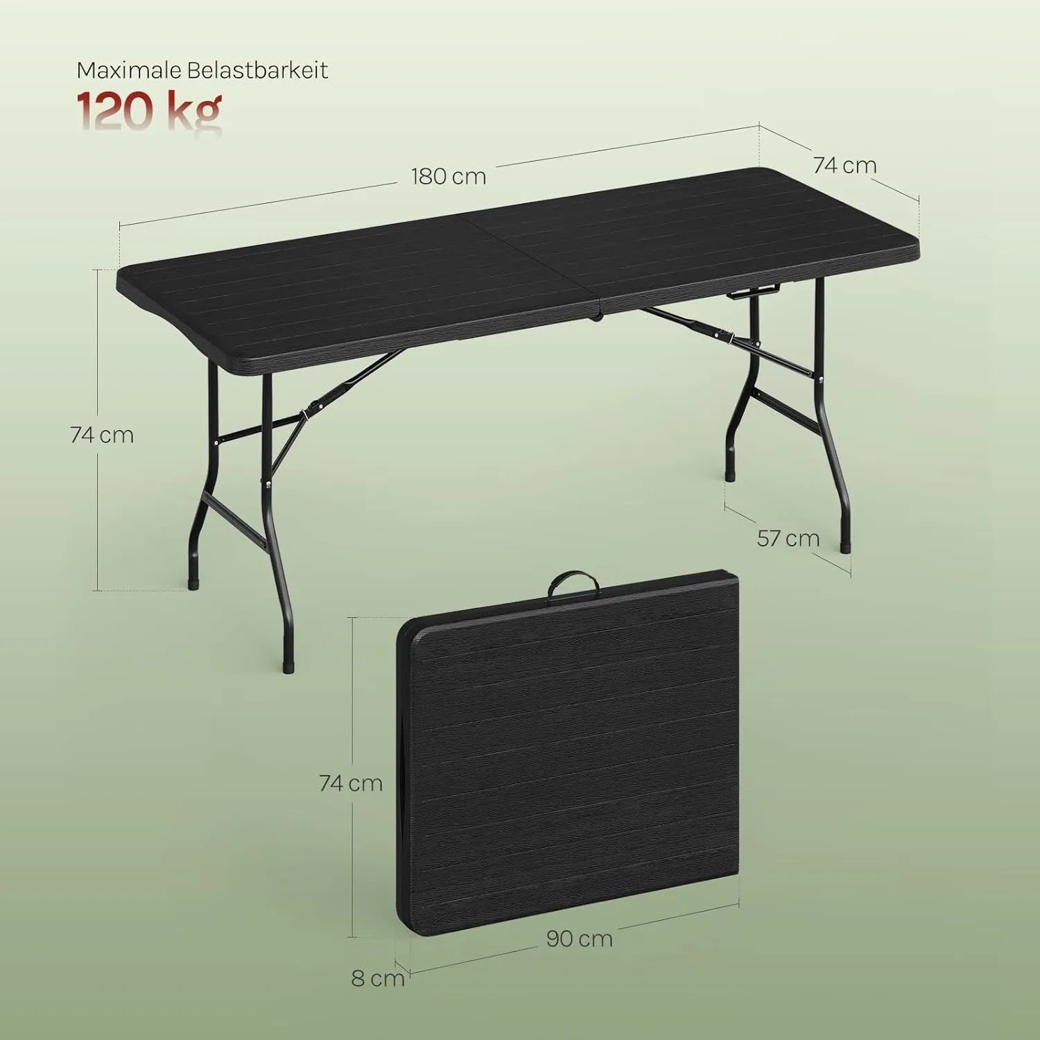 WOLTU Klapptisch Gartentisch schwarz, klappbar, 180x74 cm, HDPE, 120 kg Belastbarkeit. Ideal für Outdoor.
