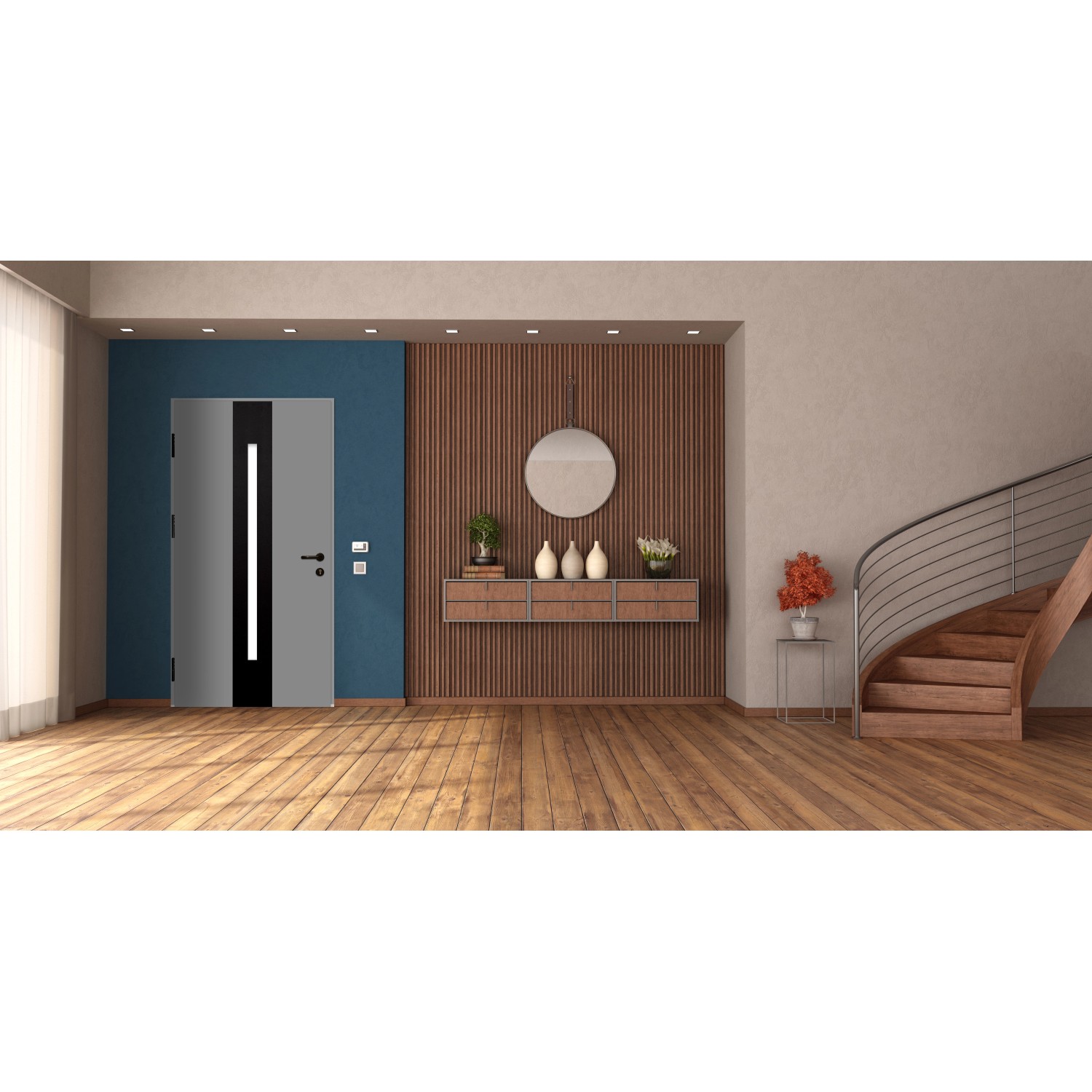 Moderne graue Splendoor Haustür Dublin mit Glaseinsatz und Edelstahlapplikationen in Wohnraum.