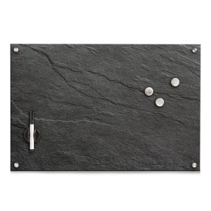 Anthrazitfarbenes Zeller Memoboard aus Glas in Schieferoptik mit Stift und Magneten. Wanddekoration.