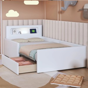 okwish Polsterbett 90×200 mit Nachtlicht und USB-Ladeanschluss mit Ablagefächern und Erhöhte Seitenteile zur Sicherheit ohne Matratze