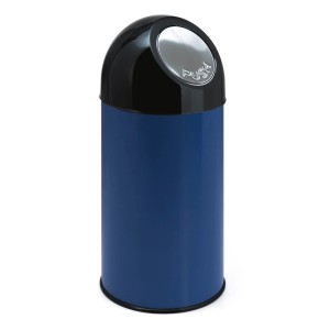 Blauer PROREGAL Abfallbehälter aus Metall mit schwarzem Pushdeckel, 40 Liter.