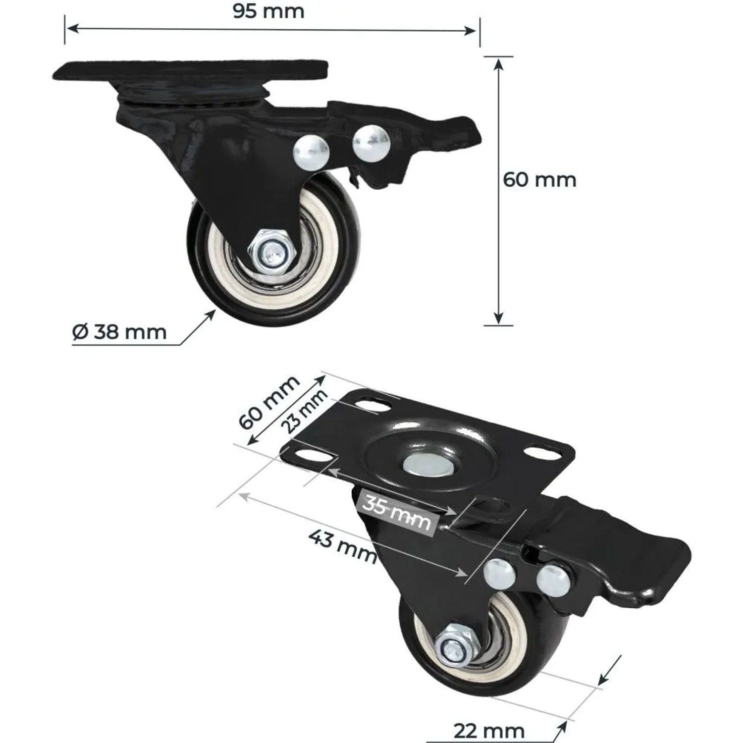 HMF 6710 Schwerlastrollen Bremse Polyurethan 4 Stück 38 mm bis 300 kg Schwarz