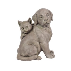 Graue Hund-Katze-Statue für Gartendekoration. Sitzender Hund, Katze kuschelt sich an. Detailreiche Tierfigur für Außenbereiche.
