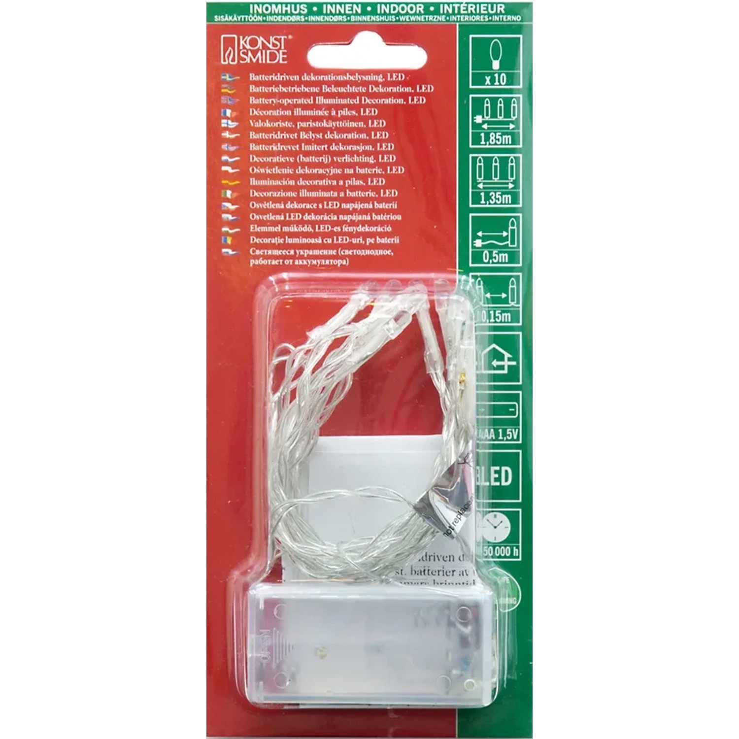 Konstsmide LED-Lichterkette, 10 warmweiße Lichter, batteriebetrieben für Innen, transparentes Kabel.