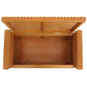 Offene honigfarbene MCW Sitzbank Genua aus Rattan mit Staufach, Blick von oben.