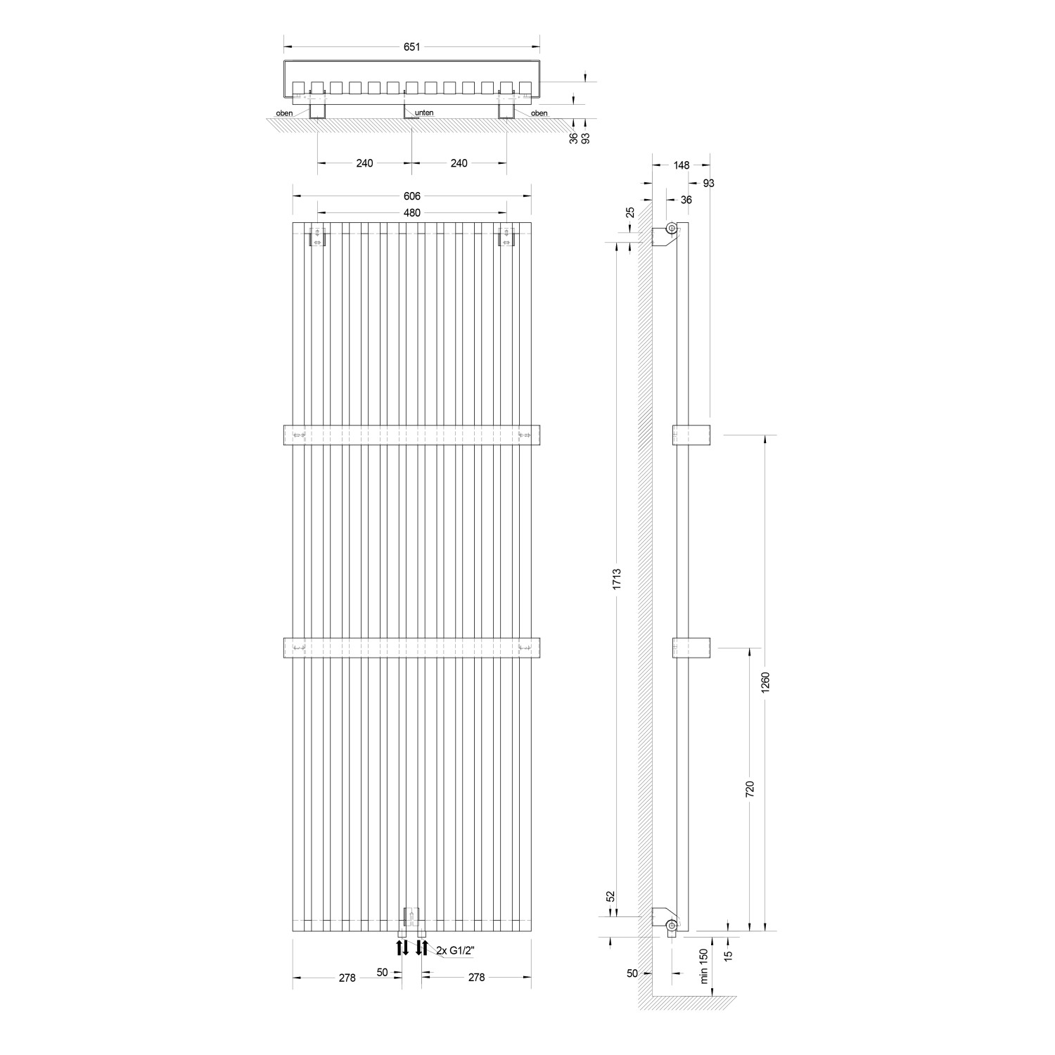 Technische Zeichnung Schulte Design-Heizkörper Lyon, 1800x606mm, Pearl-Weiß, mit Maßangaben.