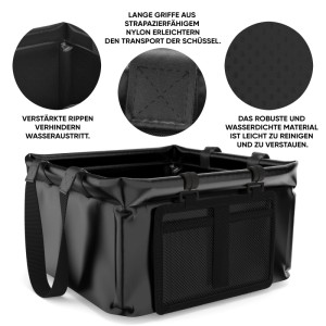 Schwarze, faltbare EVOCAMP Spülschüssel (15 l) für Camping & Outdoor mit Tragegriffen und Netzbeutel.