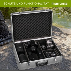 Offener Mantona Alukoffer für Kameras und Fotoausrüstung mit zwei Kameras und Objektiven.