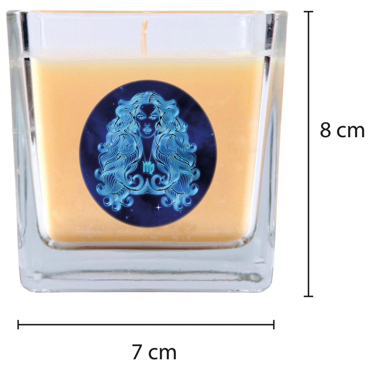 Duftkerze im Glas mit Sternzeichen Jungfrau, Vanille Duft, 50 Stunden Brenndauer.