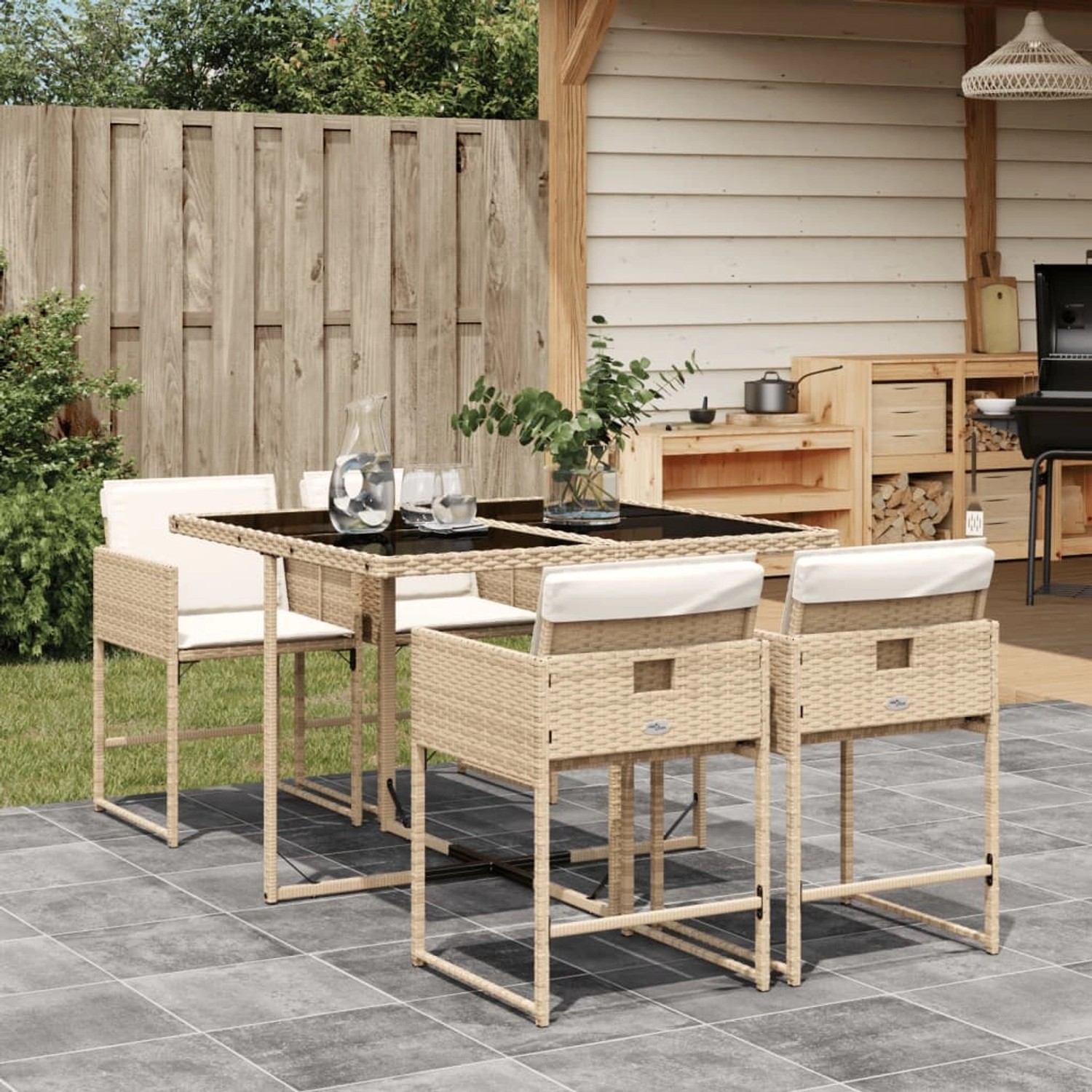 Beige 5-tlg. vidaXL Garten-Essgruppe aus Polyrattan mit Kissen für Terrasse und Garten.