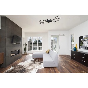 Moderne LED-Deckenleuchte Kurio, schwarz matt, 1-flammig, im Wohnraum. Quadratische Design-Elemente.