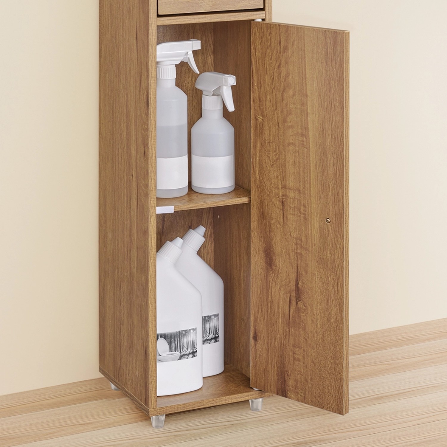 SoBuy Badschrank BZR34-II-PF, Hochschrank mit Tür, Schublade und Regalböden, Holzoptik.