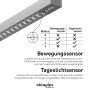 Oktaplex Alva Stehlampe: Detailansicht der Sensor-Funktionen (Bewegung, Tageslicht) und Moduseinstellungen.