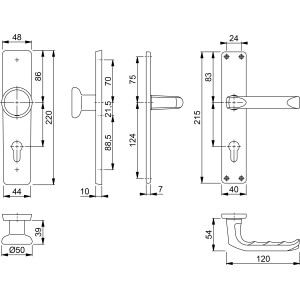 Technische Zeichnung: Hoppe Wechsel-Garnitur London Alu Eloxiert PZ-72, Türbeschlag mit Maßen.