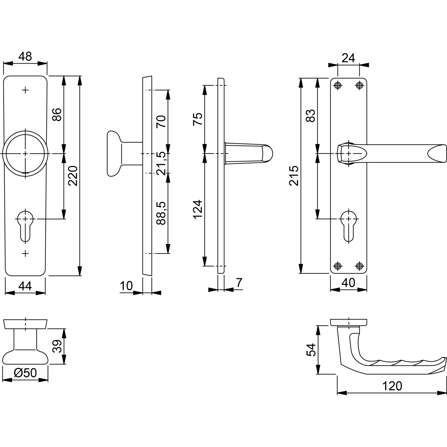 Technische Zeichnung: Hoppe Wechsel-Garnitur London Alu Eloxiert PZ-72, Türbeschlag mit Maßen.
